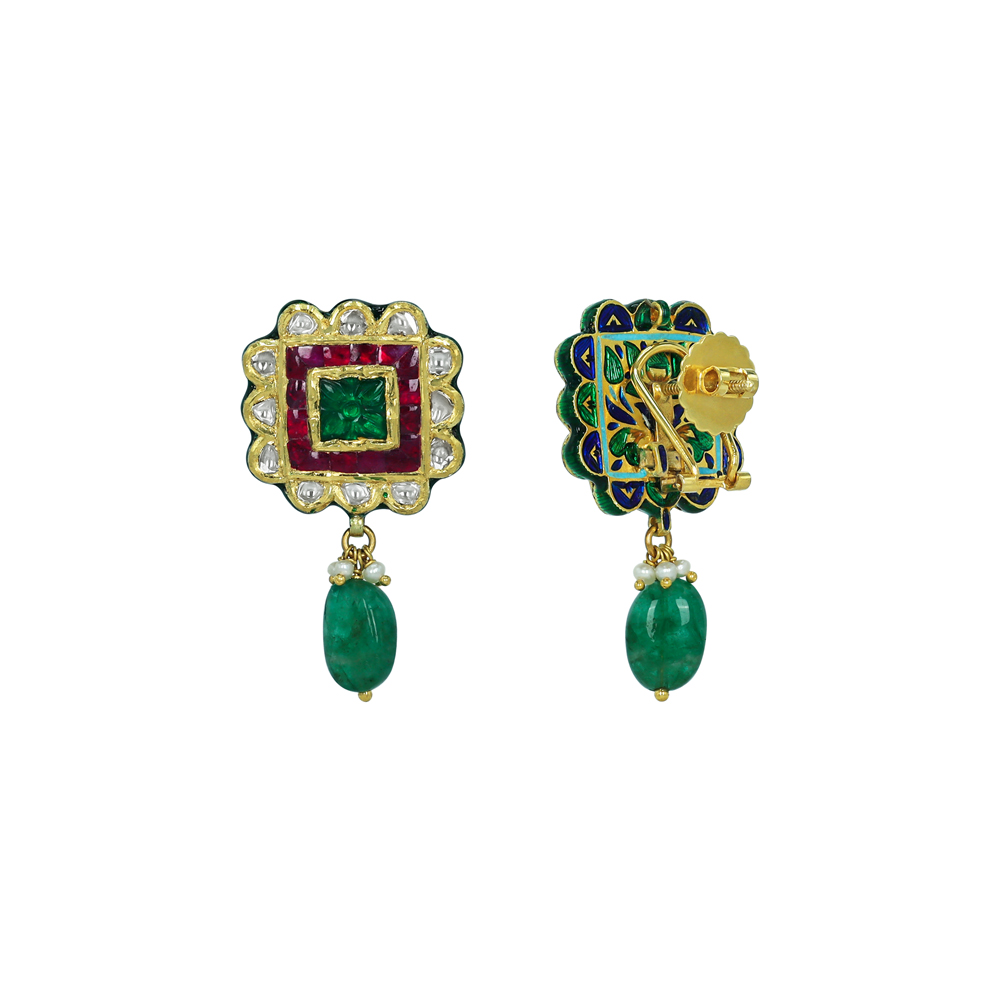 Square Emerald Earrings with Ruby talafs and Emerald Drops